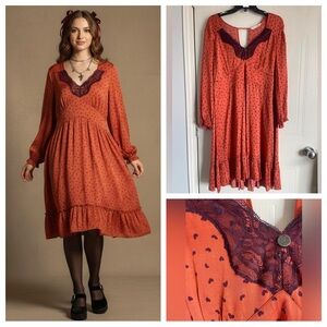 Whimsigoth Odd Molly Dress Heart Print Plum Lace Rust